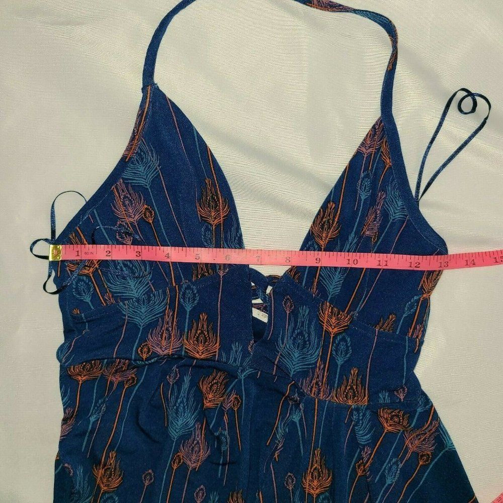 Free People Blue Peacock feather print Lined Halter Dress Boho Extra Small XS - Picture 9 of 11
